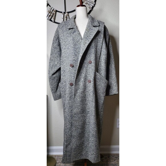 Vintage Ferncroft 100% Wool Trench Coat Tweed Grey Long Made in USA Size 16 - Picture 1 of 9